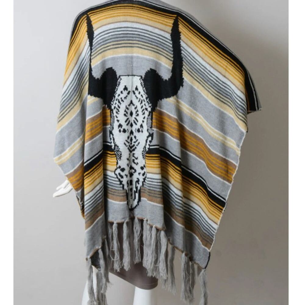 👉 Boho Bull Skull Serape Stripe Poncho Grey Muiticolor